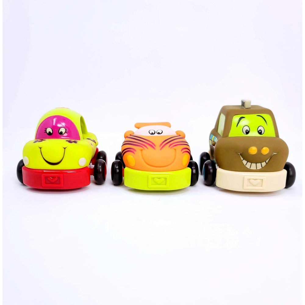 VALUE BUNDLE: 3 B. Toys Pull Back Toy Cars Kids Toddler Soft Squeaker Bells Lot